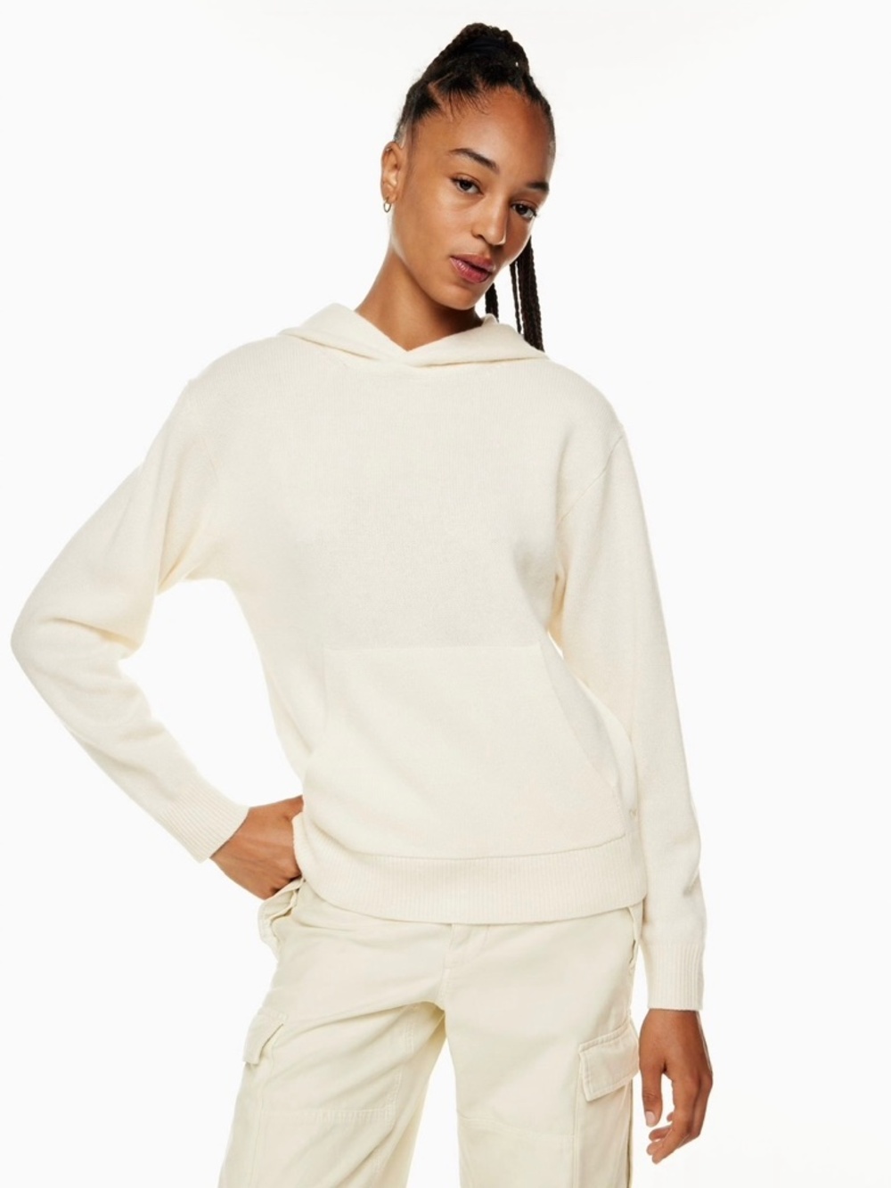 Aritzia TNA Cashwool Boyfriend Hooded Soft Knit Sweater sz XL Bone Loungewear